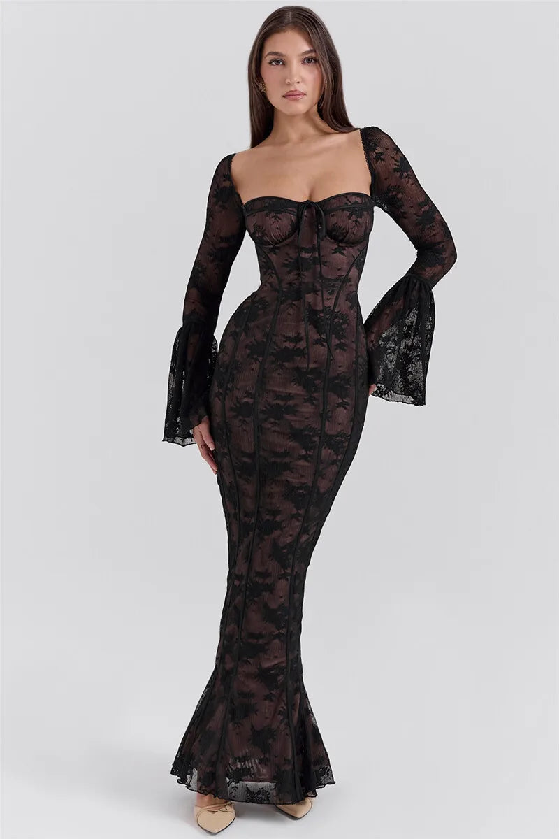 Lace Long Flare Sleeve Maxi Dress Square Collar Backless Bodycon Dress
