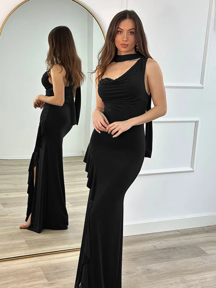 V Neck Long Dress Halter Neck Ruch Suspender Dress With Ribbon Dress High Slit Sleeveless