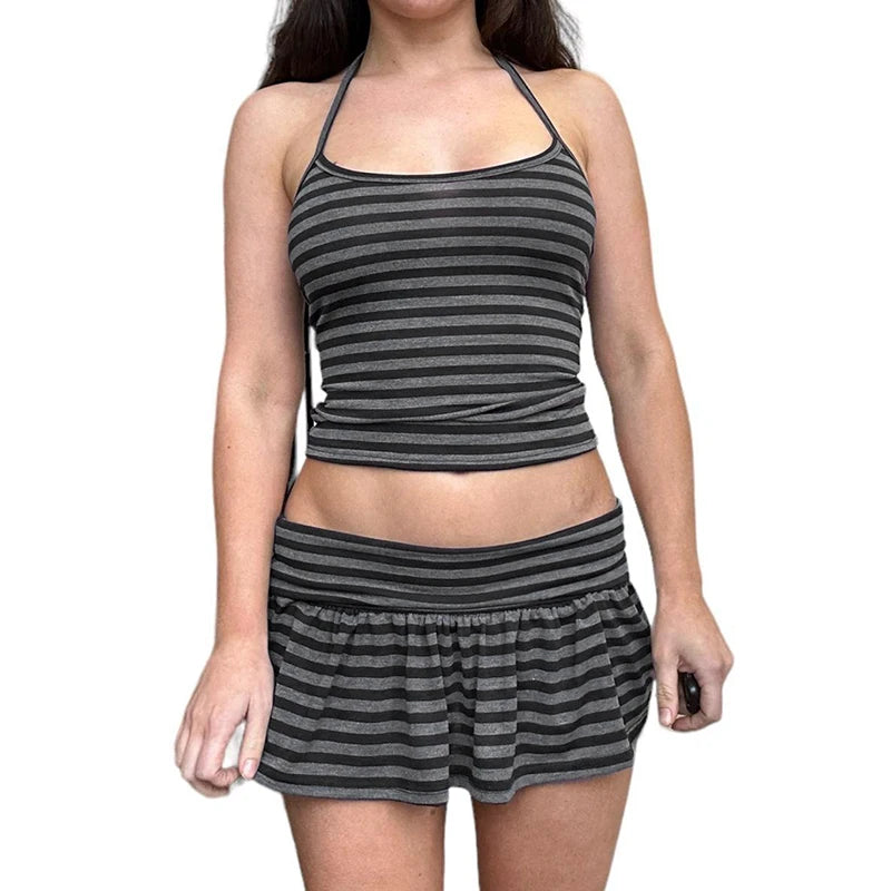 Striped Print Two Pieces of Sets Halter Neck Camisole and Mini Skirts
