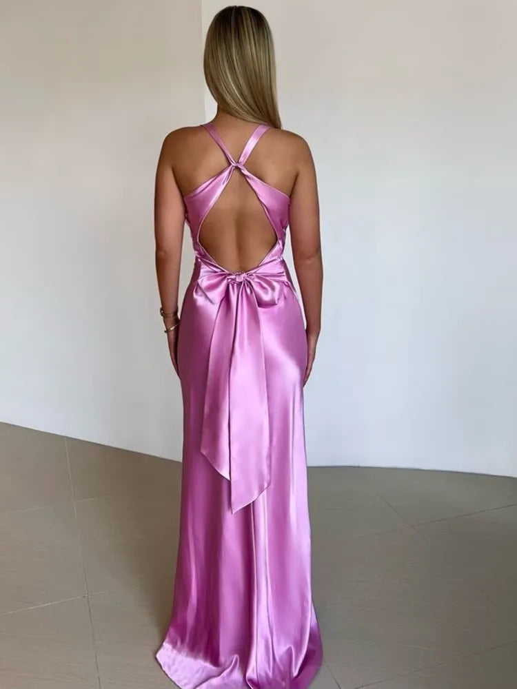 Satin Backless Ruched Maxi Dress