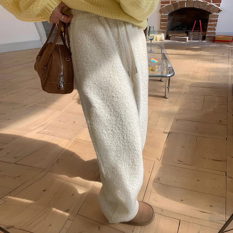 Loose Lamb Wool Trousers Drawstring Wide Leg Pants Pockets Bottoms