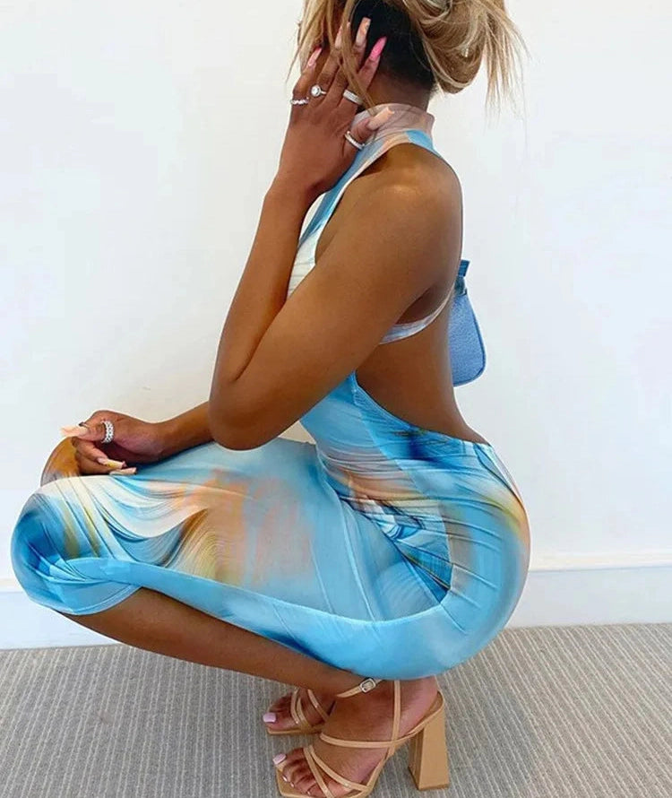 Tie Dye O Neck Sleeveless Backless Bodycon Slit Midi Dress Street