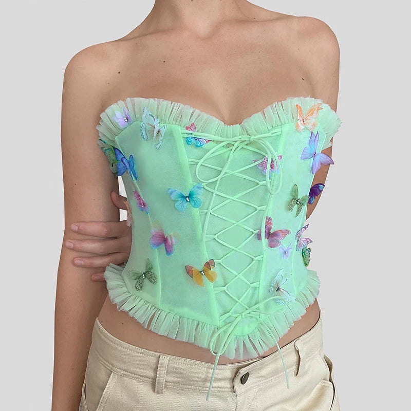 Three-Dimenional Butterfly Decorative Patchwork Wooden Ear Edge Butier Top Coret Bottom Straple Top