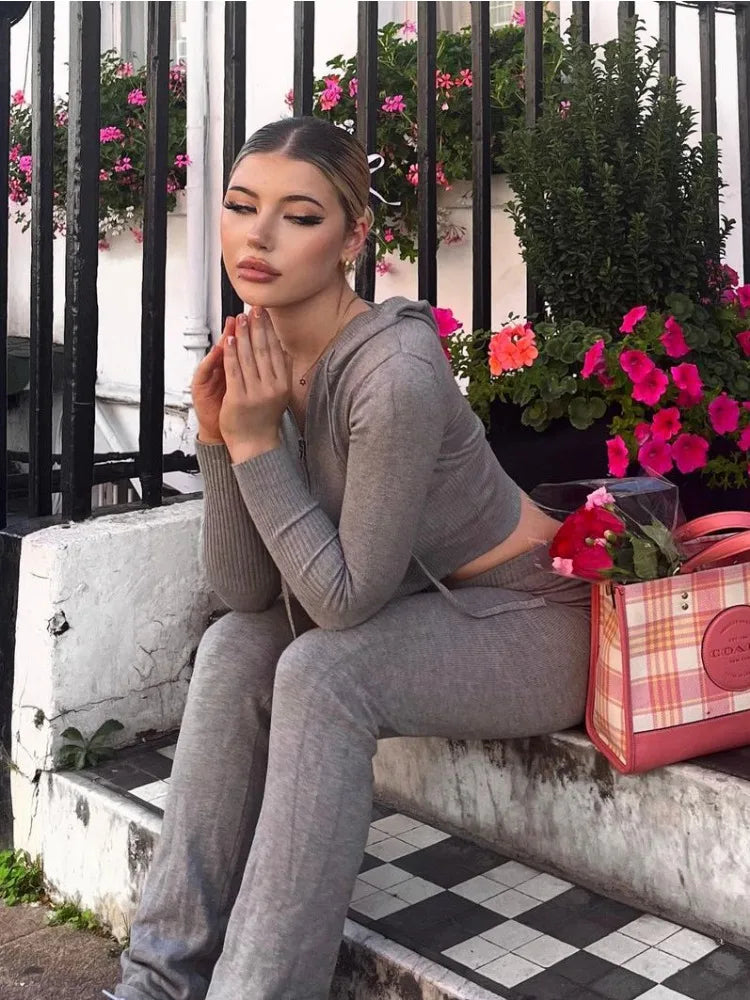 Knit 2 Piece-Set Trousers Hoodie Tracksuit Crop top Knit And Pants Sets Trousers