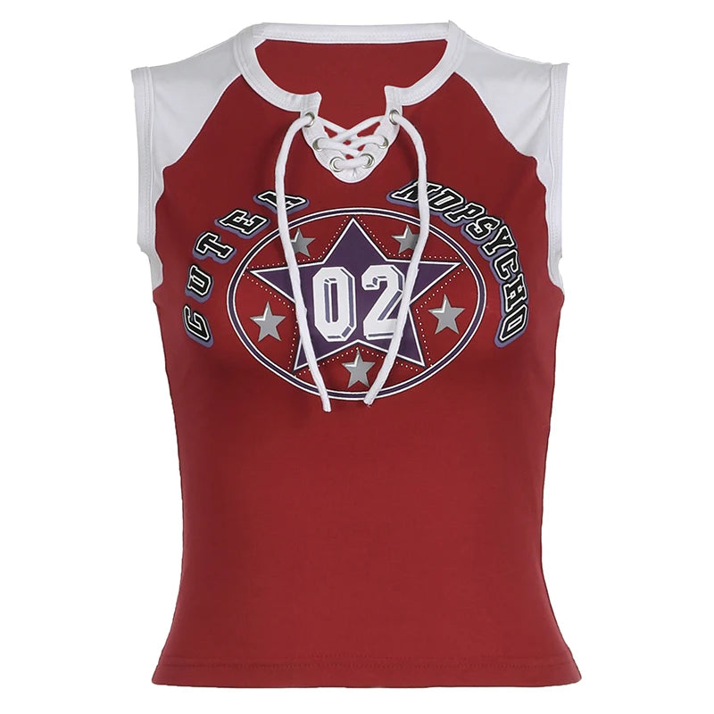 Letter Print Crop Tank Top Lace-up Slim Vests Patchwork
