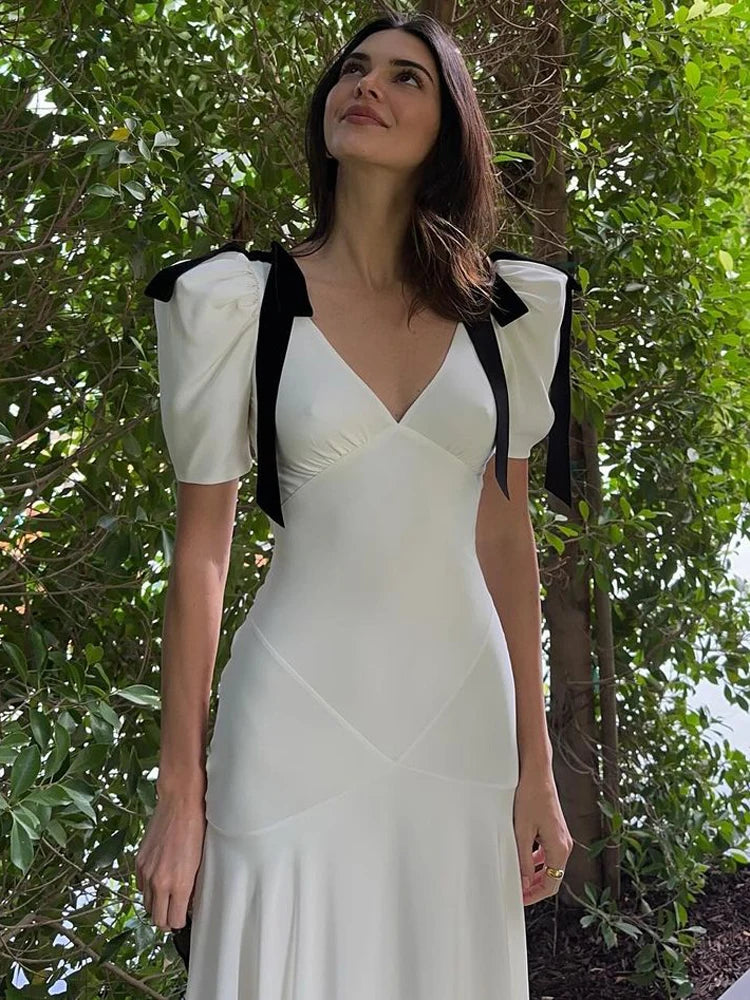 White Lace-Up Long Dress with Black Bow