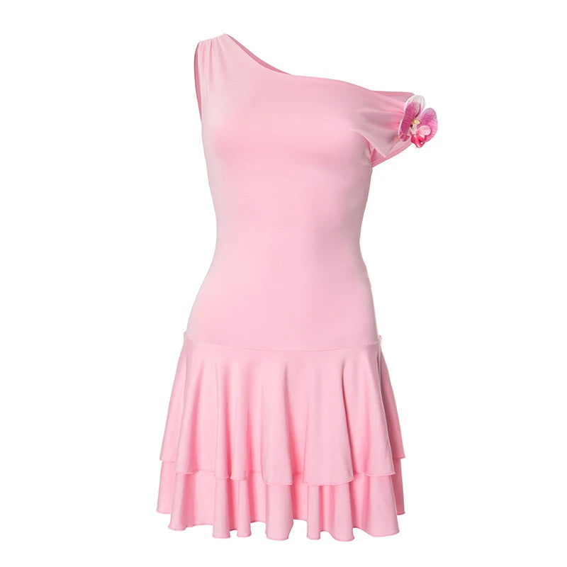 And Color Slant Shoulder Pullover Sleeveless Stereoscopic Flower Decoration Pleated Short