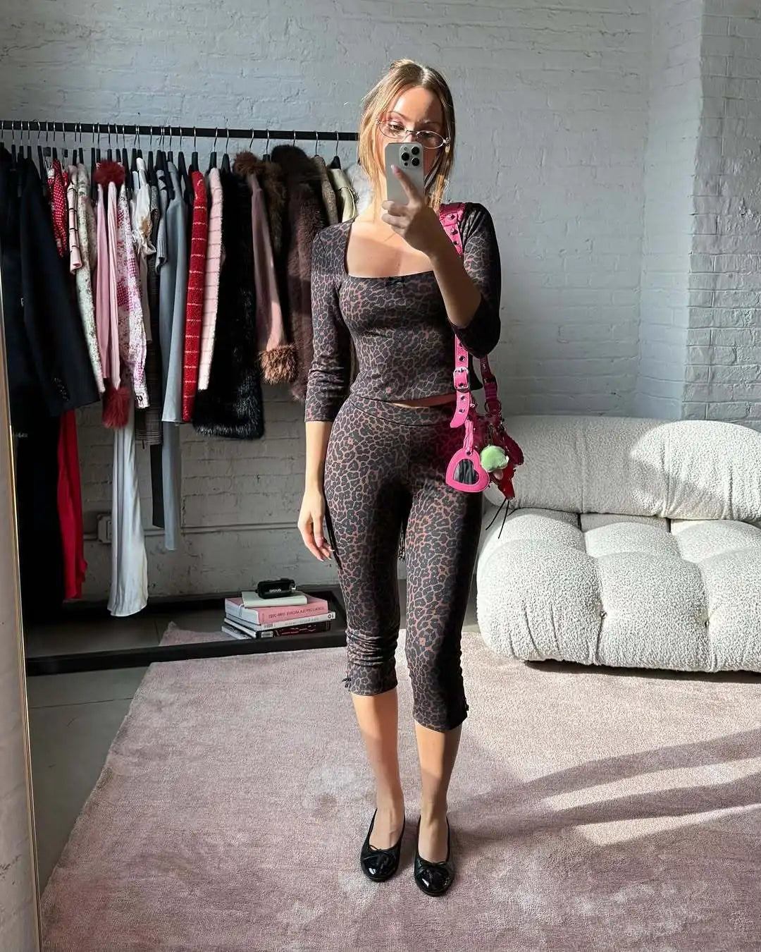 Square Neck Long Sleeved Leopard Top Cropped Pants Tight Set Two-piece Set
