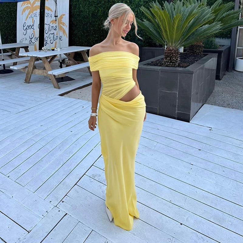 Off-Shoulder Meh Patchwork Dew Wait Slim Shrink Pleat Package Fihtail Dress