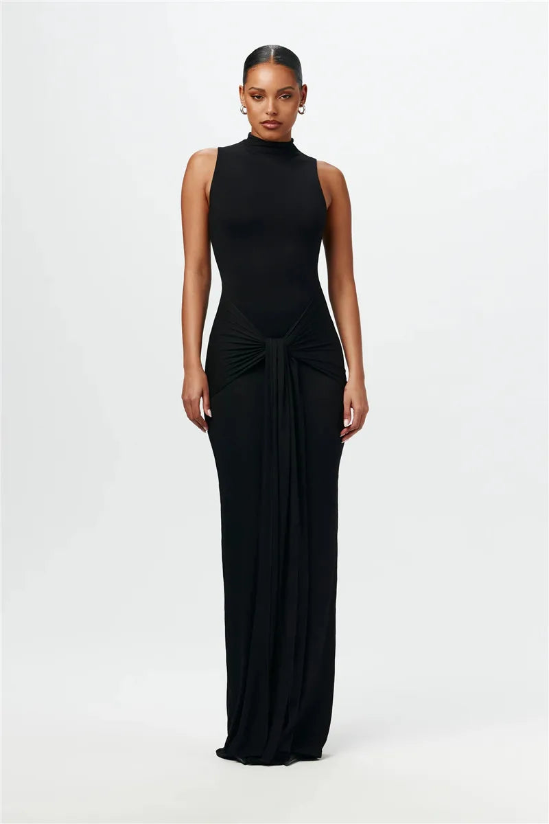 Half High Collar Irregular Tank Dress Sleeveless Bodycon Ruched Long Dress