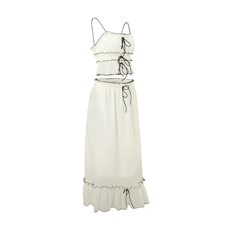 White Mesh See-Through Top and Maxi Skirt Set