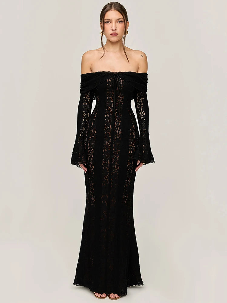 Lace Off-shoulder Maxi Dress Strapless Backless Long Sleeve Bodycon Evening Long Dress