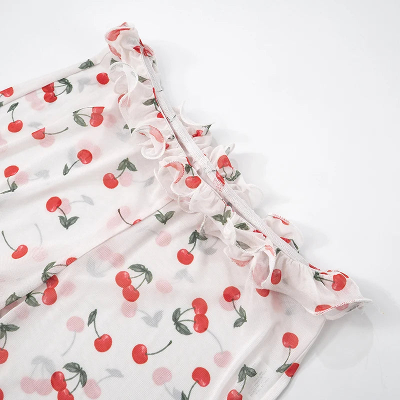 'S Spring/ Cherry Print Cake Edge See-Through Mesh Flare Pants tie Girls hearts