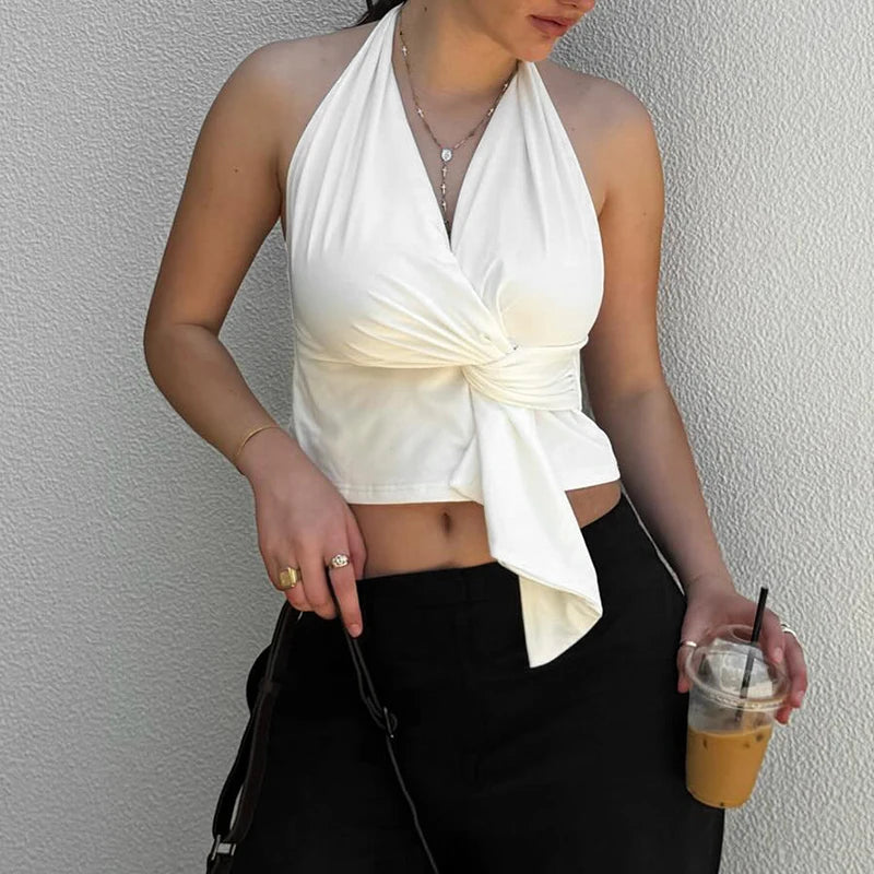 V-Neck Neckline Backless Straple Slim Irregular Twit Top