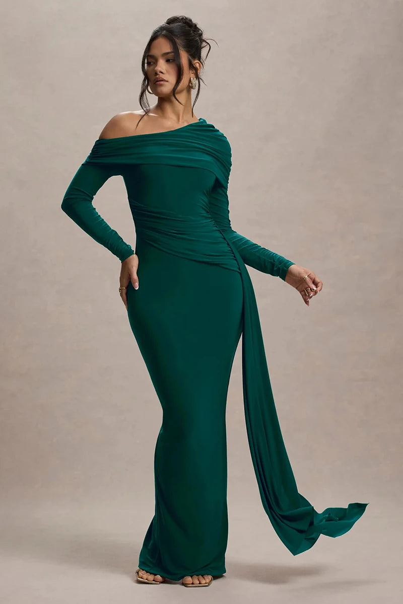 Skew Collar Long Sleeve Maxi Dress Gown Backless Draped Ruched Bodycon Long Dress