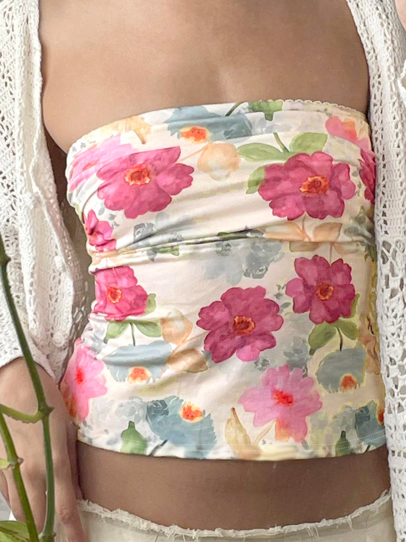 Floral Print Tube Top Backless 's Bustiers Slim Crop Camisole