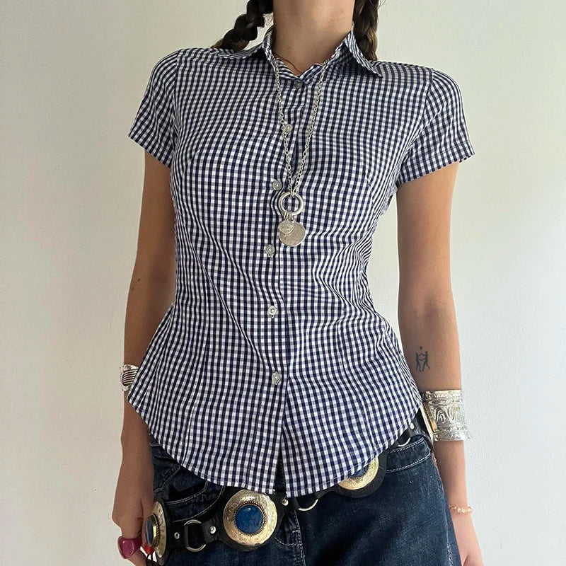 Plaid Bloue Button Up Short Sleeve Tuurn-down Neck Top
