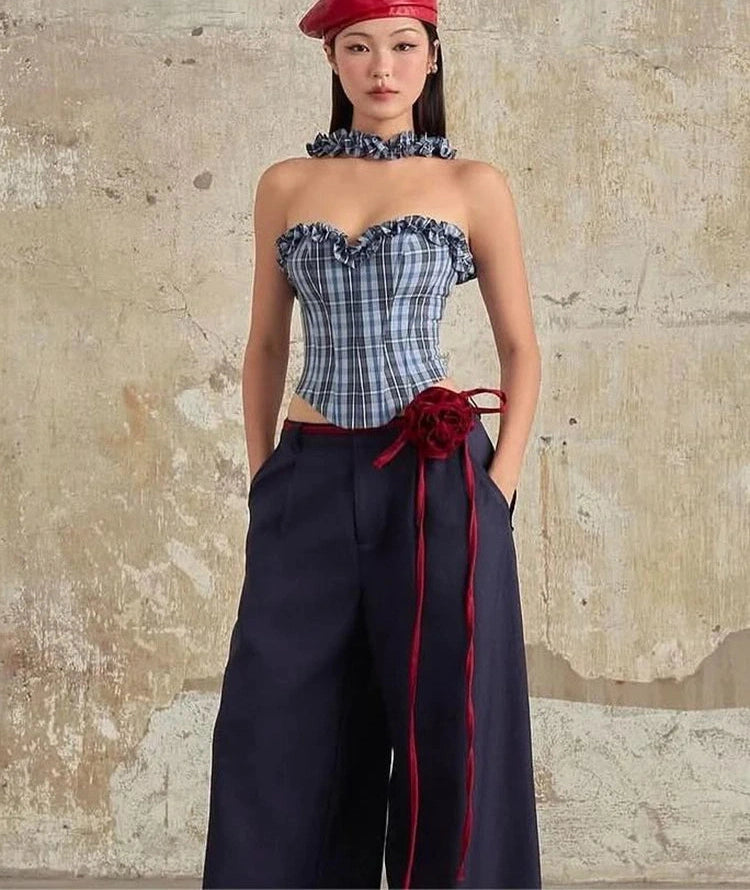 Plaid women Ruffled Edges Halter Low-Neck Backless Sleeveless High ity Mini Top