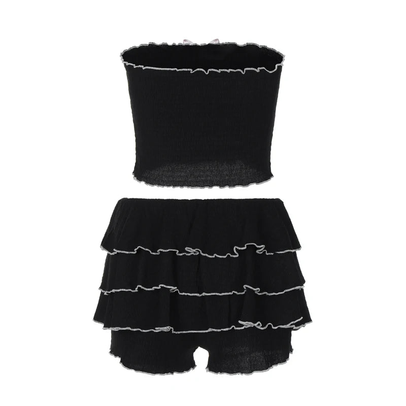 2 Pcs Sets Black Bow Strapless Crop Tank Top Pleated Skirts Festiv