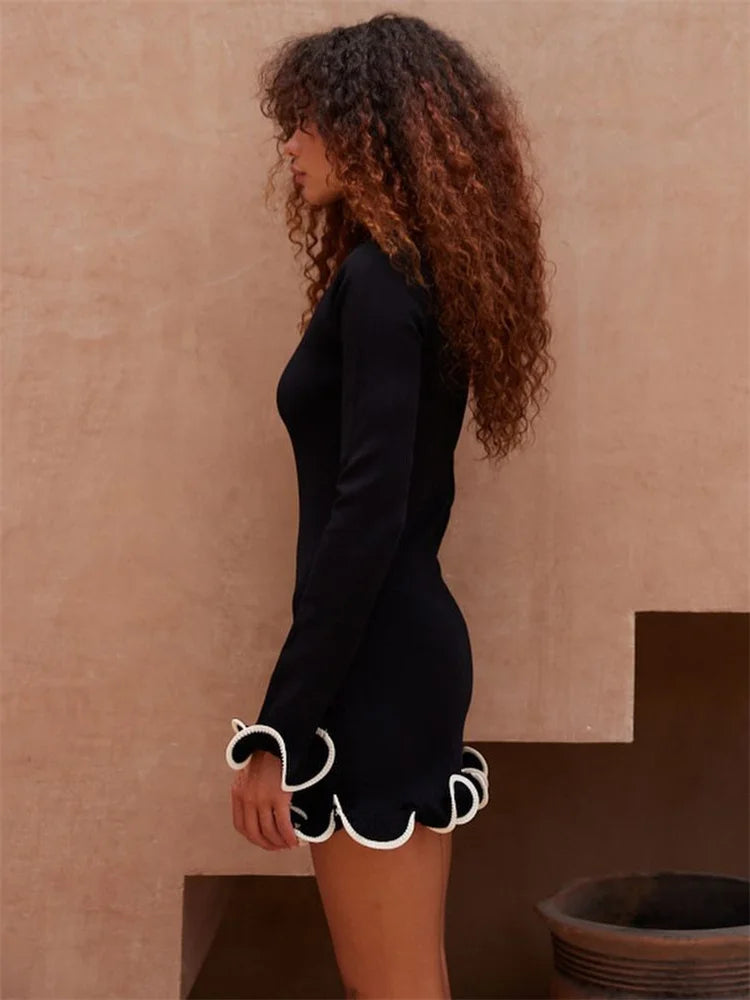 Knit Mini Dress Ruffled High Waist Slim Dress Patchwork Knit Sweater Dress