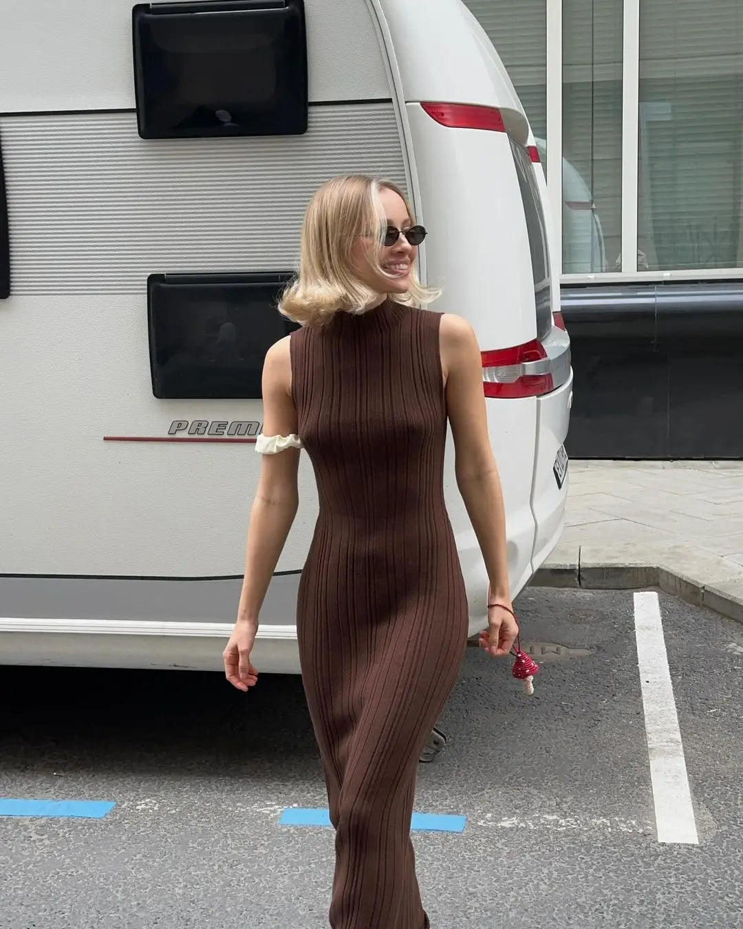 Sleeveless Knit Turtleneck Long Dress Slim Ribbed Knit Dress Maxi Dress