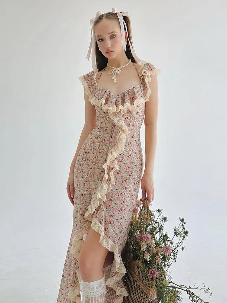 Colorful Maxi Dress High Split Patchwork Lace Folds Irregular Low-Neck Sweet Skinny