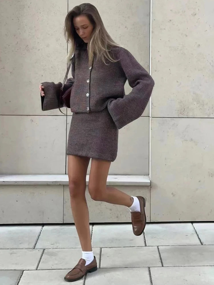 Knitted Suit Lapel Flare Sleeve Cardigan Skirt Solid Slim Sweater Two Piece Sets