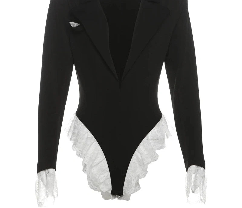Blouse Bodysuit Turndown Office Senior Full Sleeve Street Lace Patchwork Stylish Tees