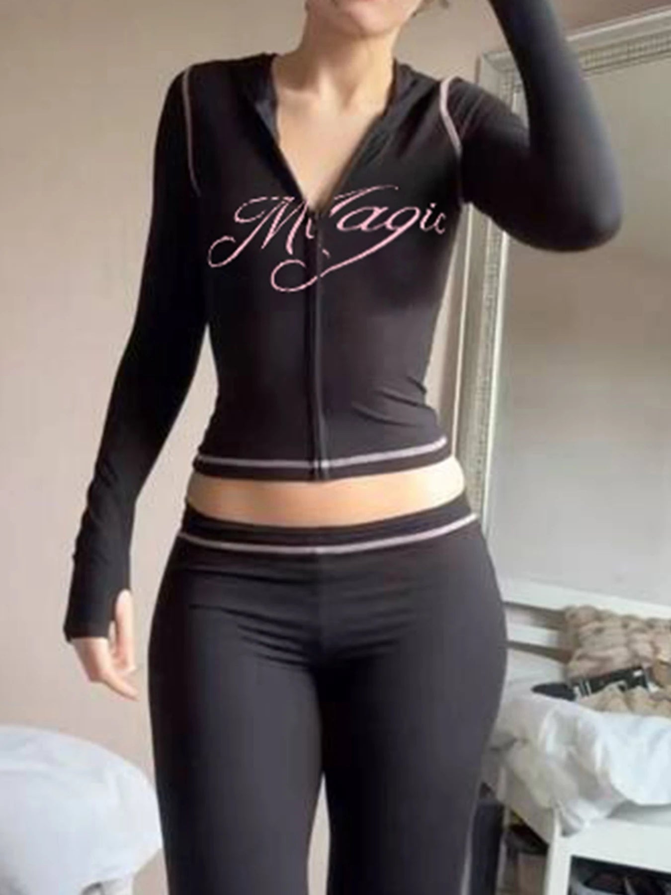 Letter Print Zipper Hooded Jackets Slim Coats