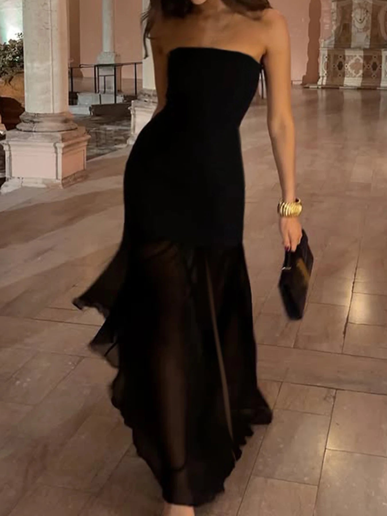 Strapless Mesh Dress Backless Split Evening Dress Floor-length Dress
