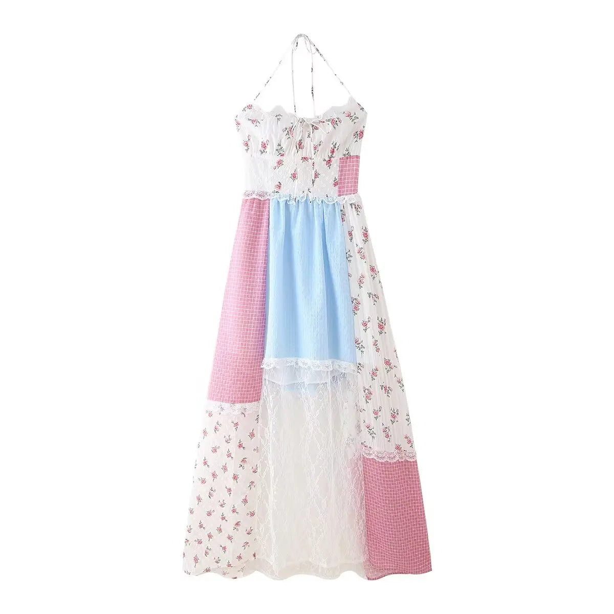 Backless Patchwork Floral Halter Dress Boho Long Dresses Maxi