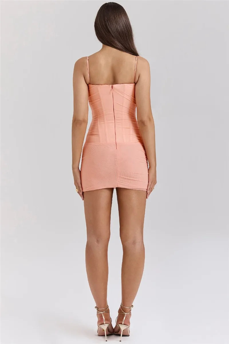 Spaghetti Strap Mini Dress Orange Backless High Waist Dress