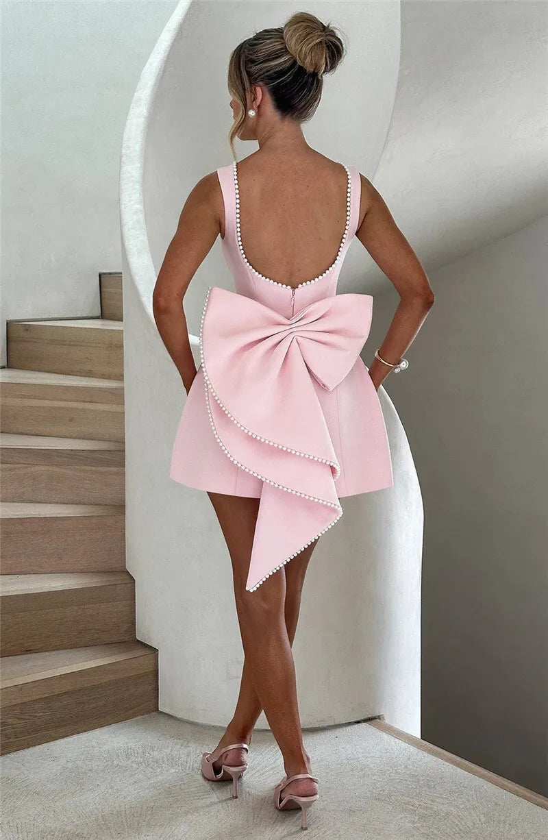 Pearl Bow Backless Mini Dress Zipper Sleeveless High Waist A-line Dress