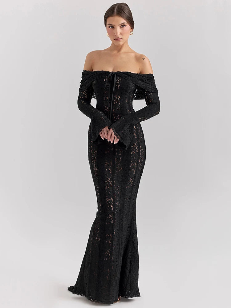 Lace Off-shoulder Maxi Dress Strapless Backless Long Sleeve Bodycon Evening Long Dress
