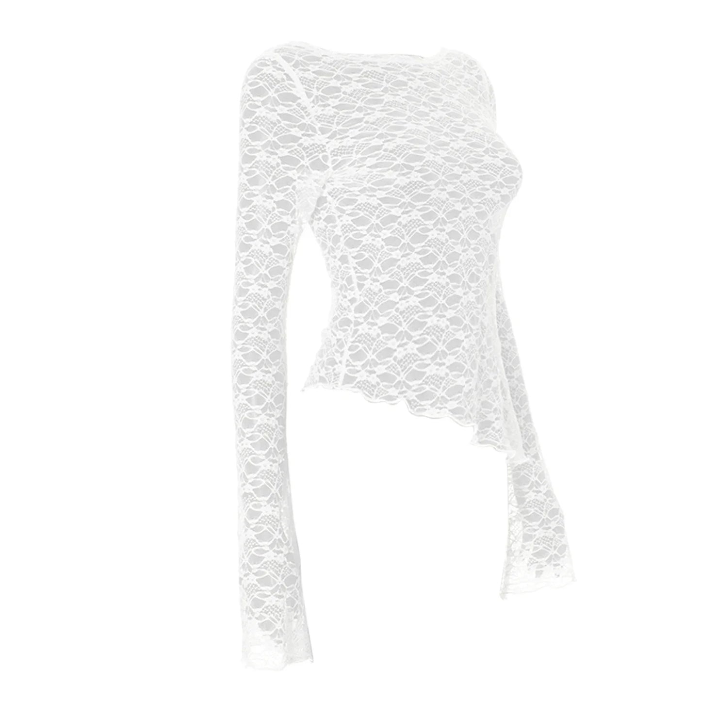 Lace Long Sleeve T Shirts Knitted Perspective Tees Tops Street Slim T-Shirt