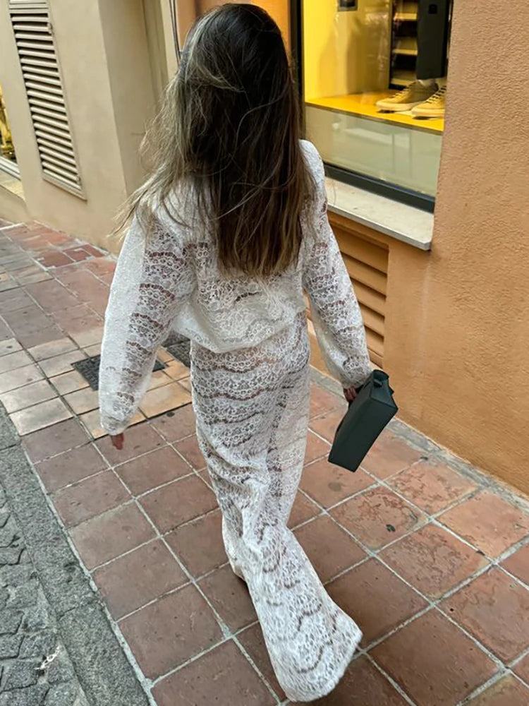 Deep V-neck See Through Lace Two Piece Sets Pant Suit Long Sleeve Top Long Pant Solid Pant Set