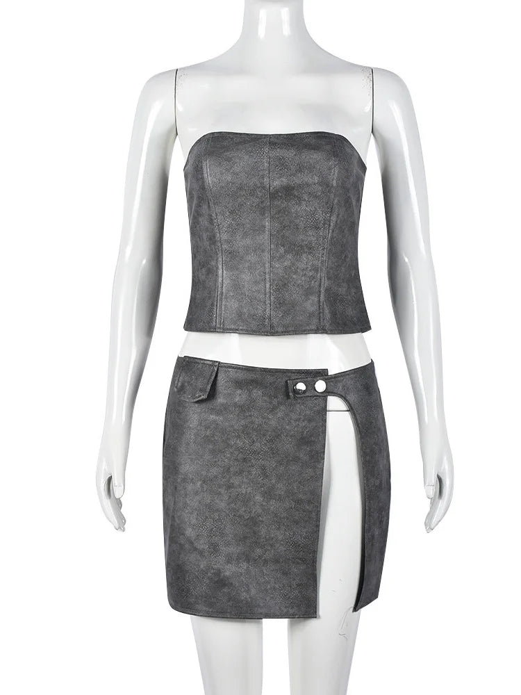 Leather 2Piece Set Straple Top Irregular Button Skirt Matching Suit