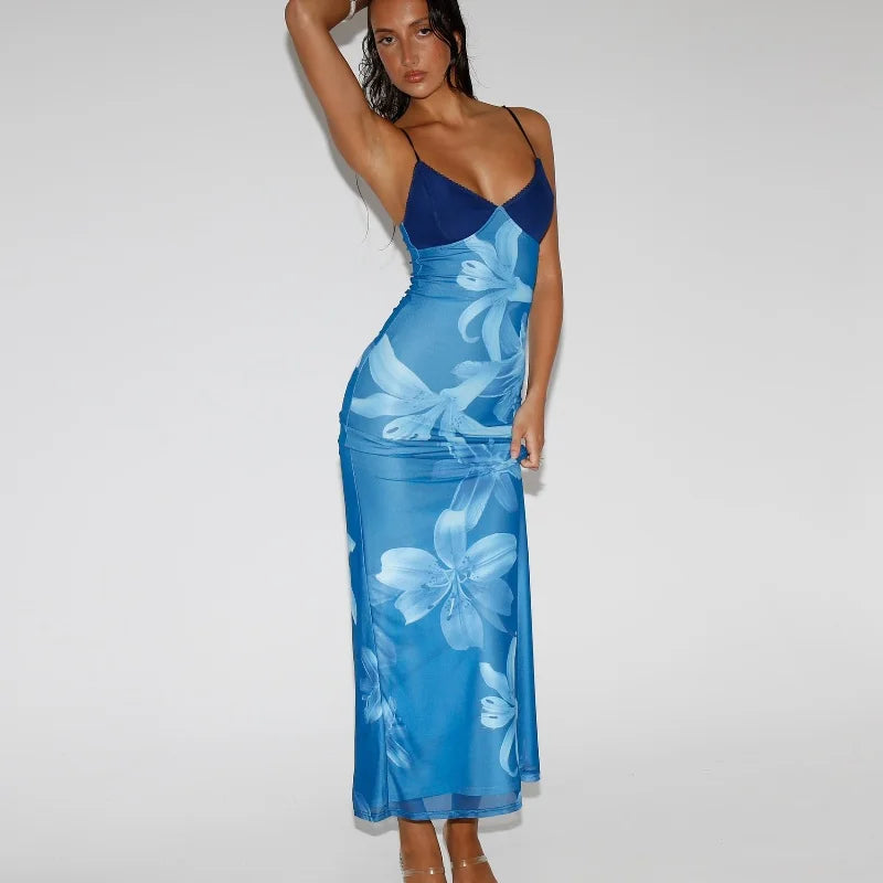 Blue Floral V-Neck Bodycon Midi Dress
