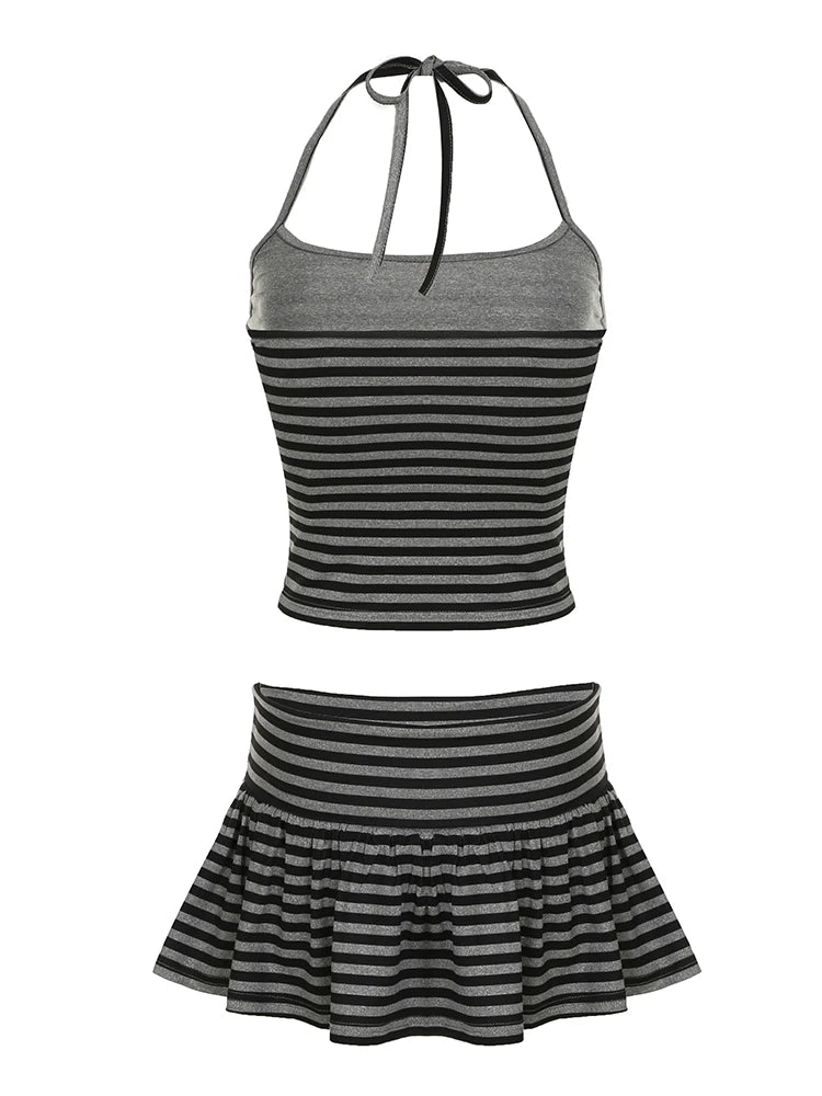 Striped Print Two Pieces of Sets Halter Neck Camisole and Mini Skirts