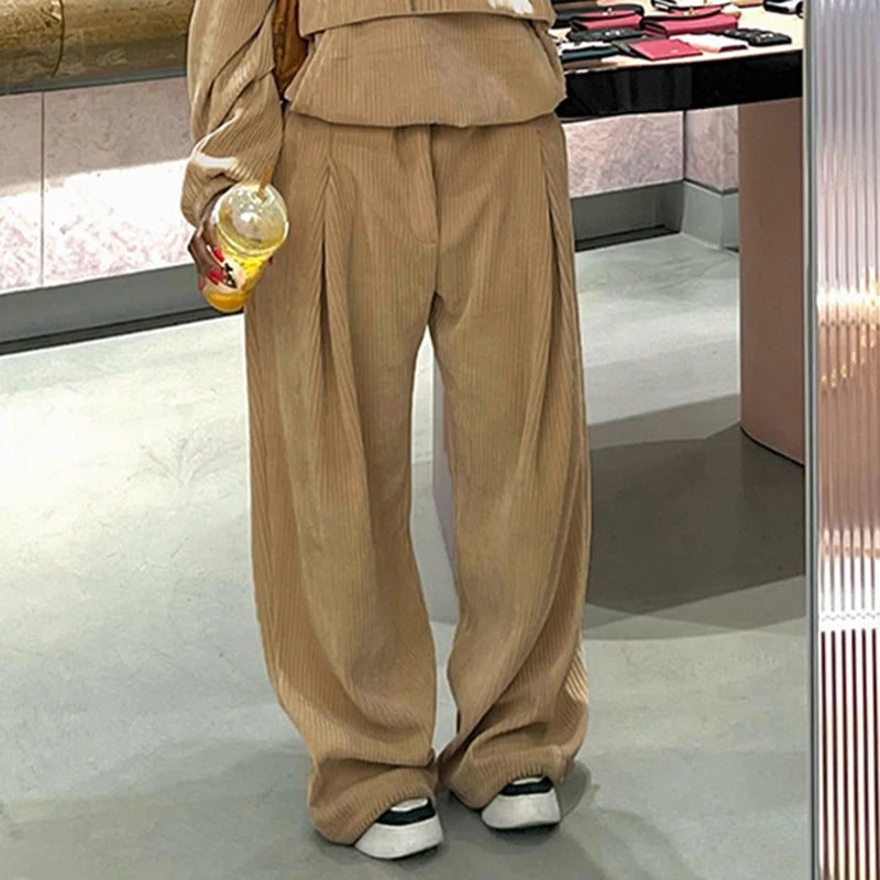 Baggy Corduroy Pants Drawstring Wide Leg Trousers Retro Bottoms