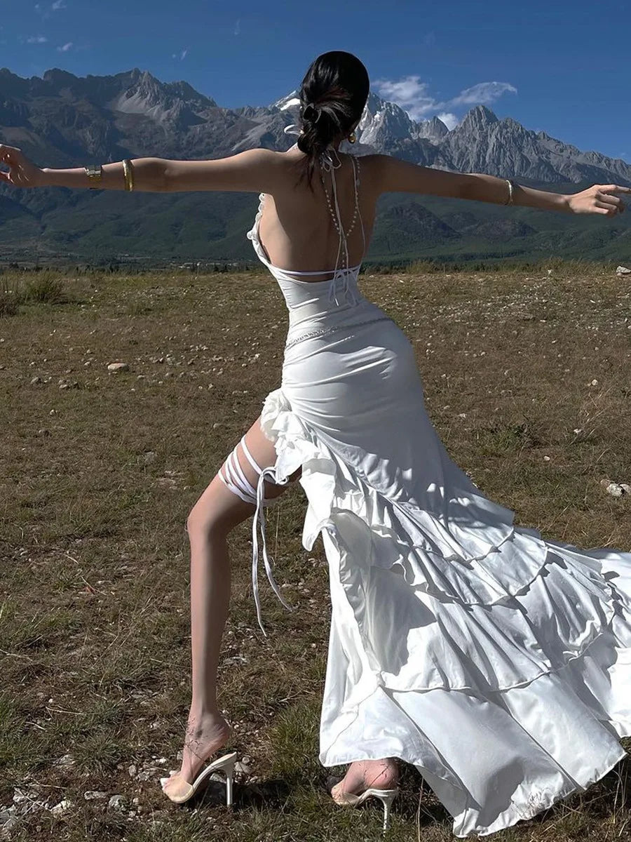 White Backless Ruffle Long Dress