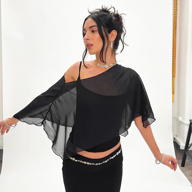 Black Mesh Ruffles Two Piece Top