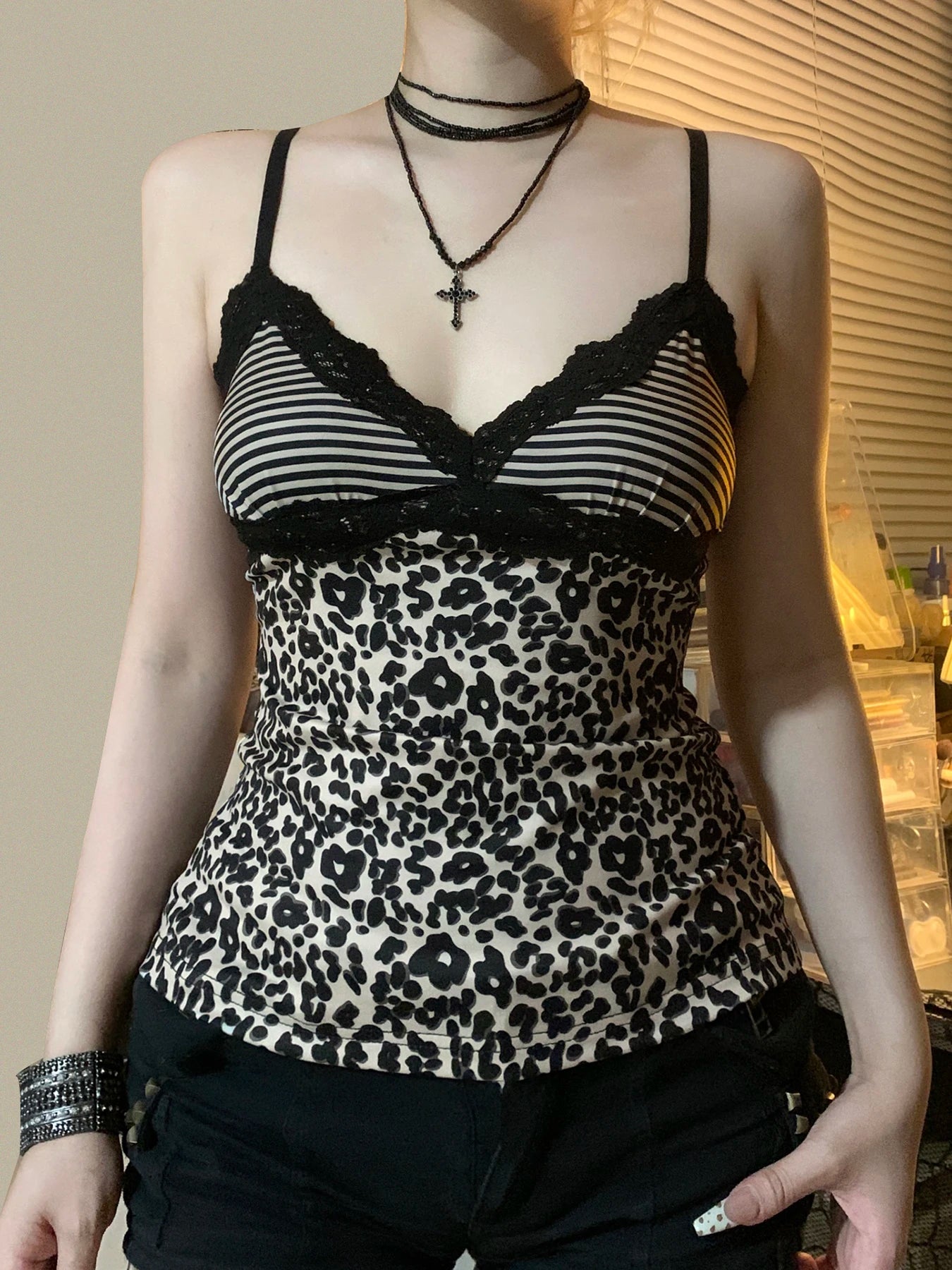 Striped Leopard Print Slim Camisole V-Neck Backless Top Lace Patchwork Retro Bow Vest