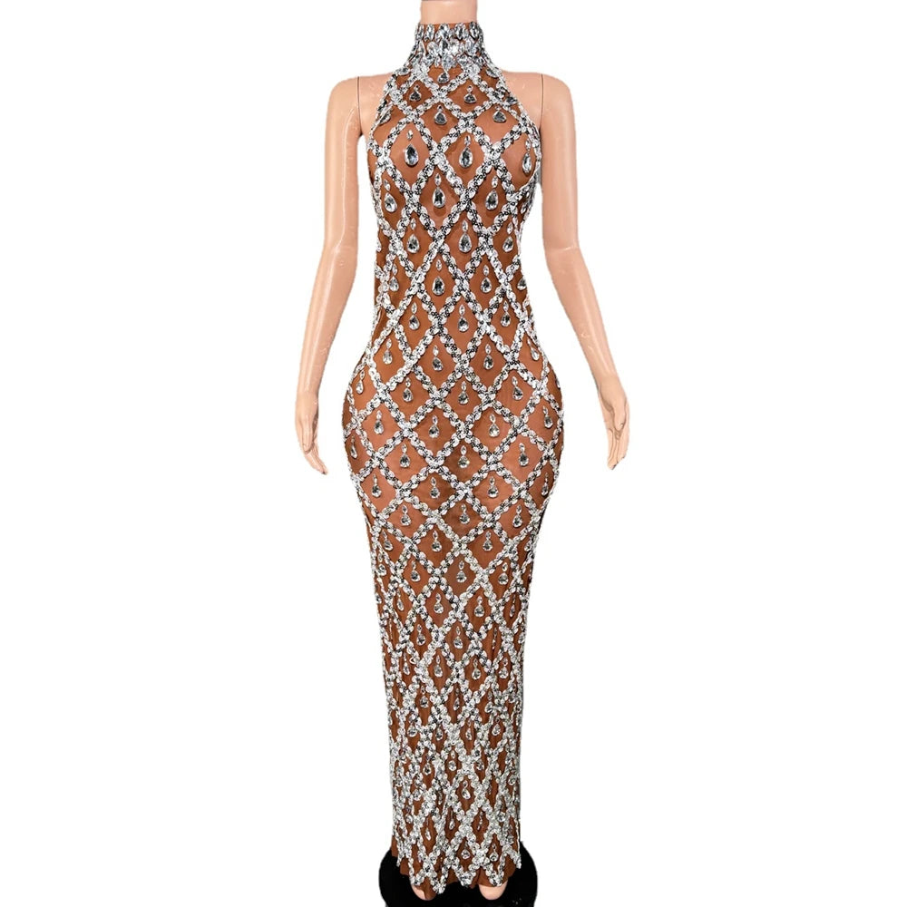 Sparkly Rhinestones Sleeveless Long Dress Dark Mesh Celebrate Wedding Prom Gown Birthday Dress Photograph Wear