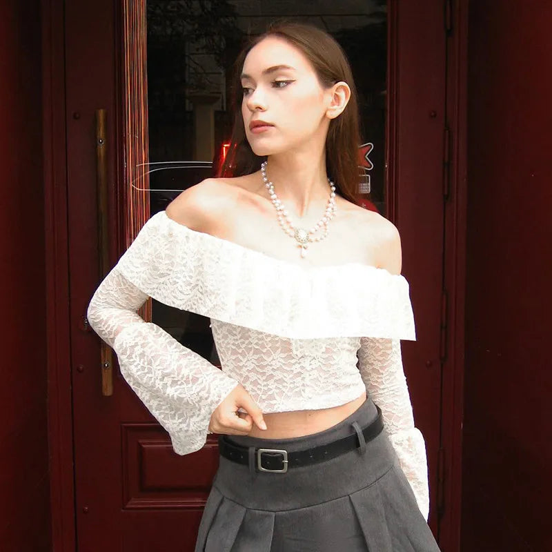 Transparent Lace Two Piece Sets Skirt Suit White Flare Sleeve T-shirt Long Skirt Skirt Set