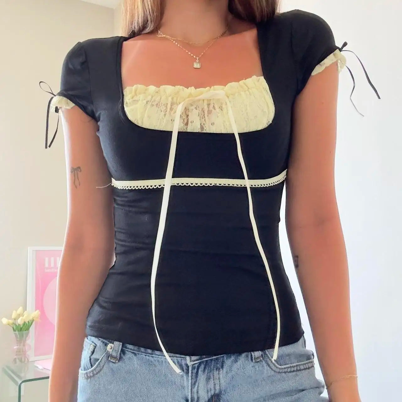 Square Collar Lace Kawaii Top Fairycore Patchwork Grunge Slim Tee Shirts
