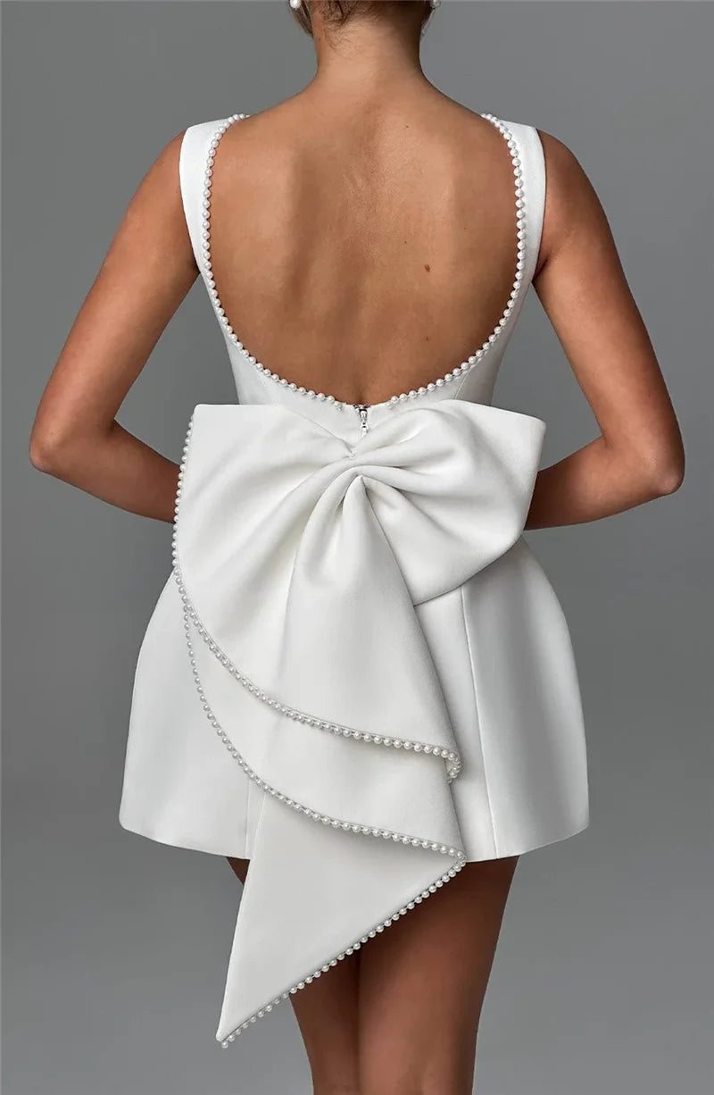 Pearl Bow Backless Mini Dress Zipper Sleeveless High Waist A-line Dress