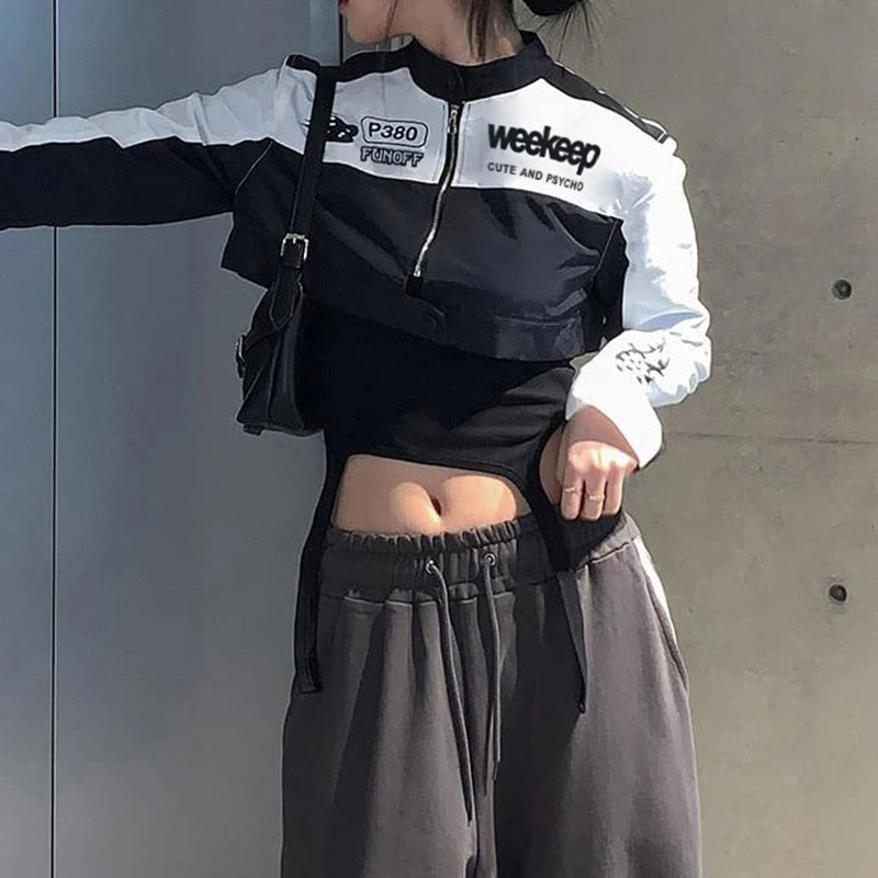 Moto Biker Crop Jackets Zip Up Patchwork Coats