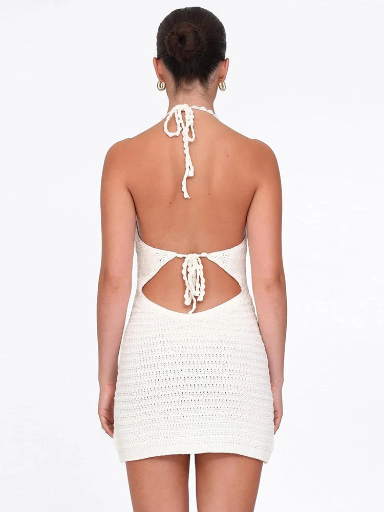 Crochet Halter Mini Dress Panell Knitt V-neck Backless Skinny Concie Vacation