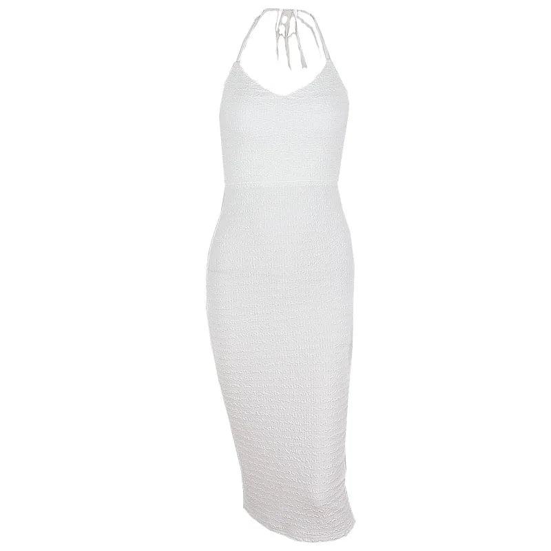White Knit Backless Slim Midi Dress